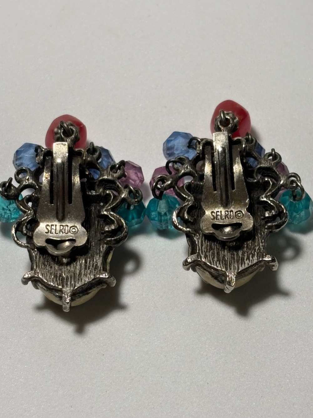 Signed Selro Asian Princess Face Clip Earrings Dangle 1.5” Vintage - Picture 5 of 8